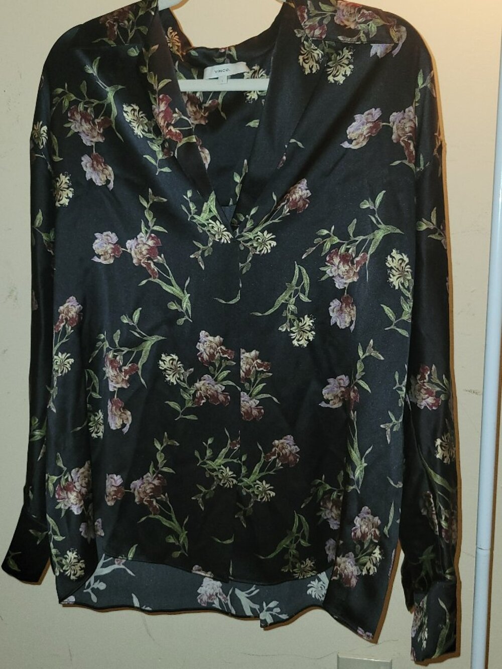 Designer VINCE. Iris Honeysuckle 100% Silk Collared Blouse Floral Women's Sz L
